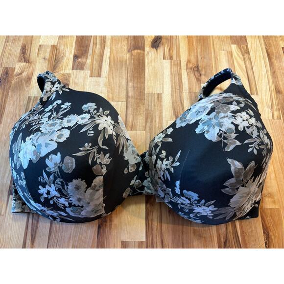 CACIQUE Underwire Lightly Lined Bra Sz 48DDD Dark Gray/Black With Floral Print - Picture 1 of 7